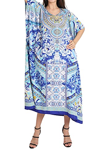 Image of Miss Lavish London Kaftan for Women Dress V Neck Summer Swimsuit Cover Up Blue Caftan Maxi Beach Dress, Plus Size African Kaftan with Batwing Sleeves, Side Slit & Pockets on Both Sides-Blue-M