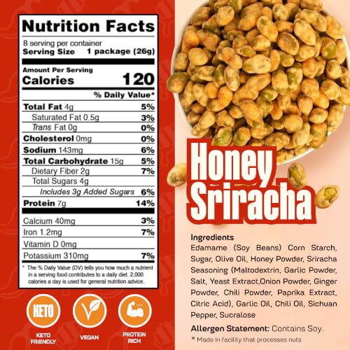 Where You Bean Hard Coated Edamame Beans Snack (Honey Sriracha) - Crunchy and Roasted Edamame Beans Snack - Vegan, Plant Based Protein, Keto Friendly & Healthy Snacks for Adults 0.9 oz (Pack of 8) — view 2