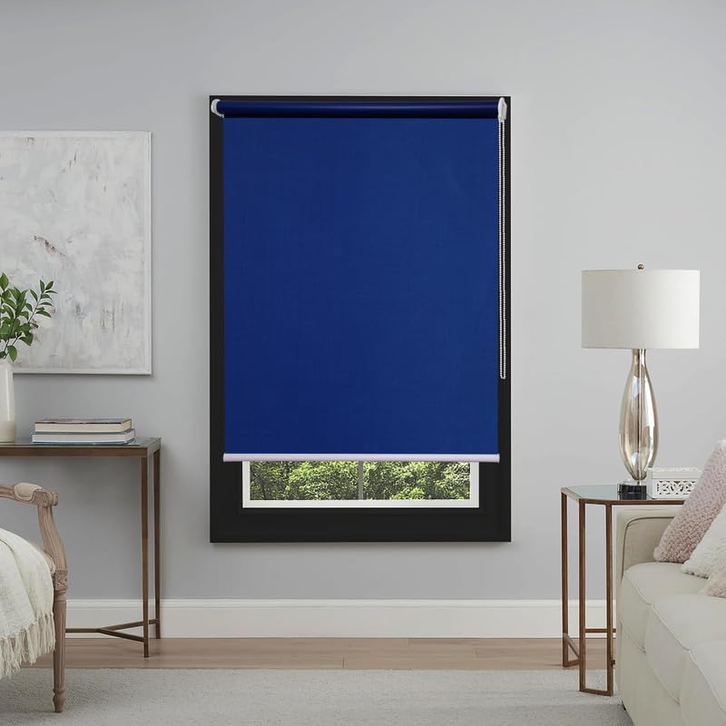 Image of Roller Blinds 300 GSM Polyester Fabric Waterproof & Sun Blockage Corded Roll Up and Down Blinds Curtains for Window, Door, Balcony (Navy Blue Color 2.5 X 7.5 Feet, Pack of 1 Piece)