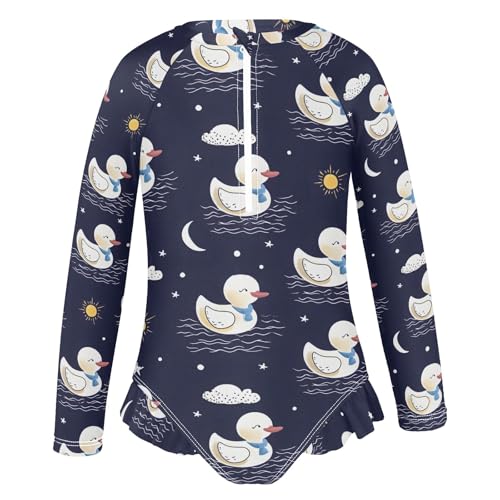 Cute Duck Cloud Sun Pattern Girls Long Sleeve Swimsuit Rash Guard One Piece Bathing Suits Zipper 3-12T2