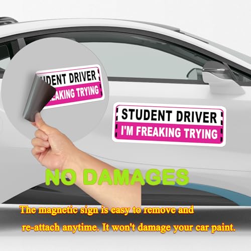 Image of 3 Pack Student Driver Magnet for Car, Magnetic Student Driver Sign for Vehicle, Reflective Warning Bumper Sticker Magnet Sign for New Driver, 10 inch x 4 inch (PINK)