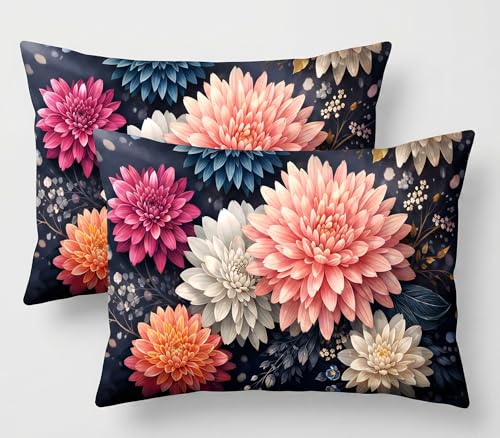Image of Home Sizzler Premium 7D Floral Soft Microfiber Double Bedsheet with 2 Pillow Covers - Soft, Breathable, Vibrant 3D Pink & White Dahlia Print on Dark Background