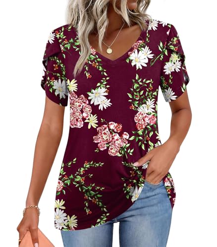 Image of CATHY 2026 Women Tops Summer Short Sleeve Tunic V Neck T-Shirts Loose Casual Floral Blouse S-4XL