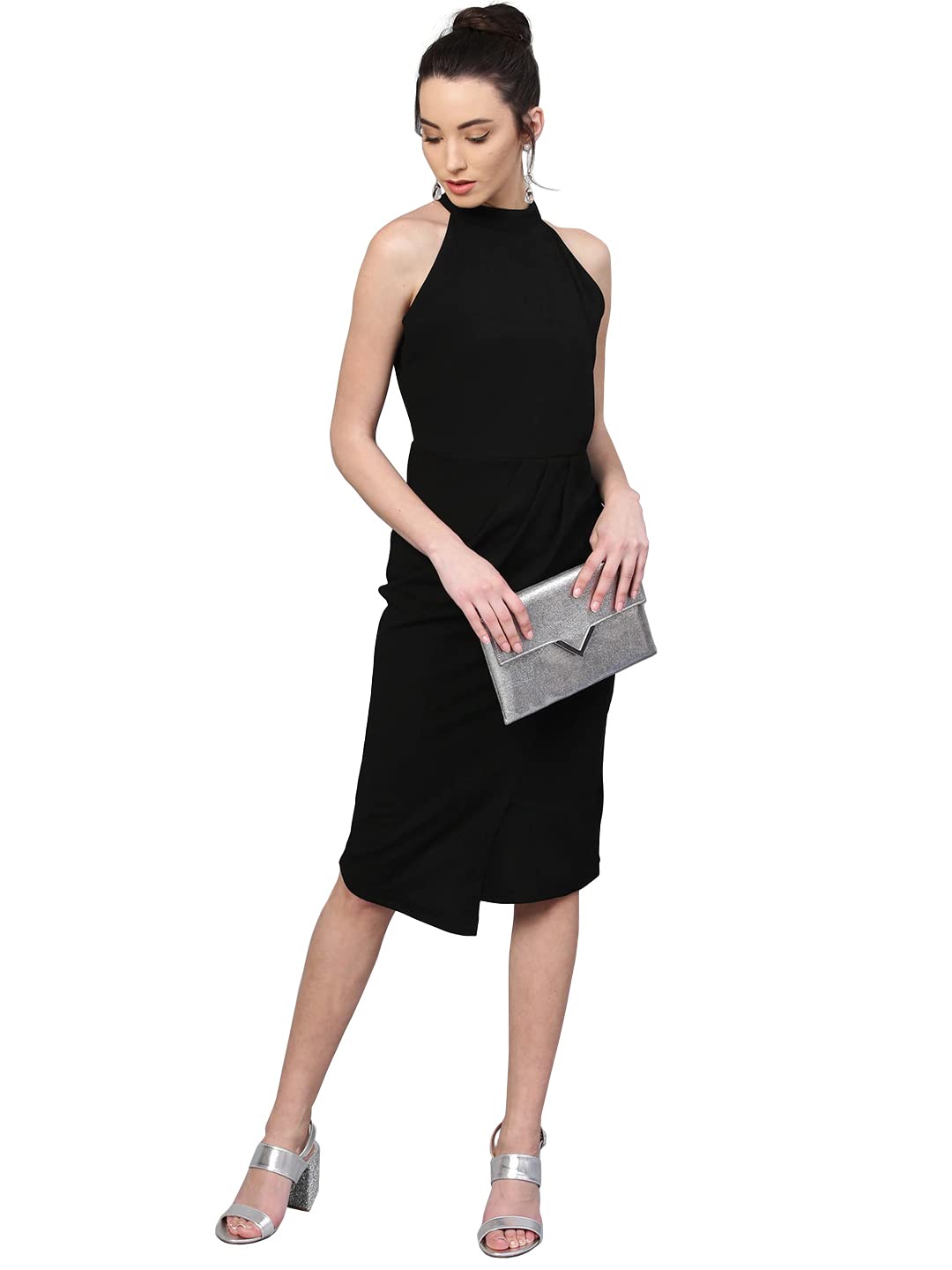 Shasmi Women's Comfortable Black Halter Neck Sleeveless Solid Midi Bodycon Casual Western Stylish Dress For Womens/Midi Dress For Girls (Shree Midi 14 Black Xl)