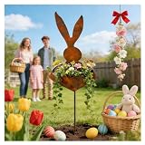 EPMANN Easter Vintage Metal Rabbit Shaped Planter Garden Stake, Rustic Patina Finish Bunny Decor for Outdoor Garden Yard, Decorative Stake for Small Flowers Succulents Spring Displays