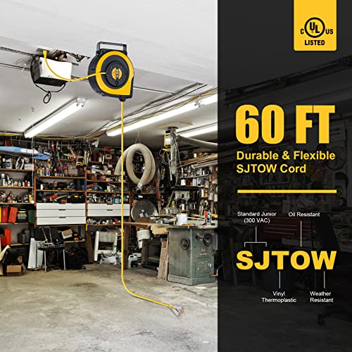 Suraielec 12 Gauge Extension Cord Reel, 60 Ft Retractable Extension Cord, 12 Awg/3C Sjtow Heavy Duty Power Cord, 15 Amp Circuit Breaker, Lighted Triple Tap, Ceiling Or Wall Mount, Ul Listed #TOP3