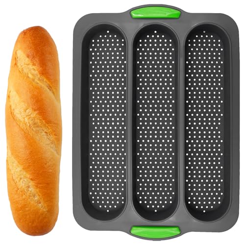 Vidoxdu Baguette Moule Silicone, Plaque Baguette à 3 cavités, Moule pour Baguette de Pain, Avec Revêtement Antiadhésif, Silicone, Gris, 34x26x2,5cm, Moule...