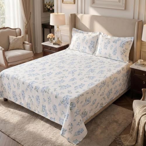 Image of Home Elegance from House of Mytrident | Linen Feel Bed Sheet for Double Bed King Size with Two Pillow Covers | Ultrasoft | Floral 274cm x 250cm | myTrident - Nest Sky Blue