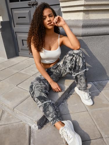 Unisex Camo Cargo Pants, Multi Pockets Raw Edge Oversized Straight Zipper Wide Legs Streetwear for Hip Hop Men Women2