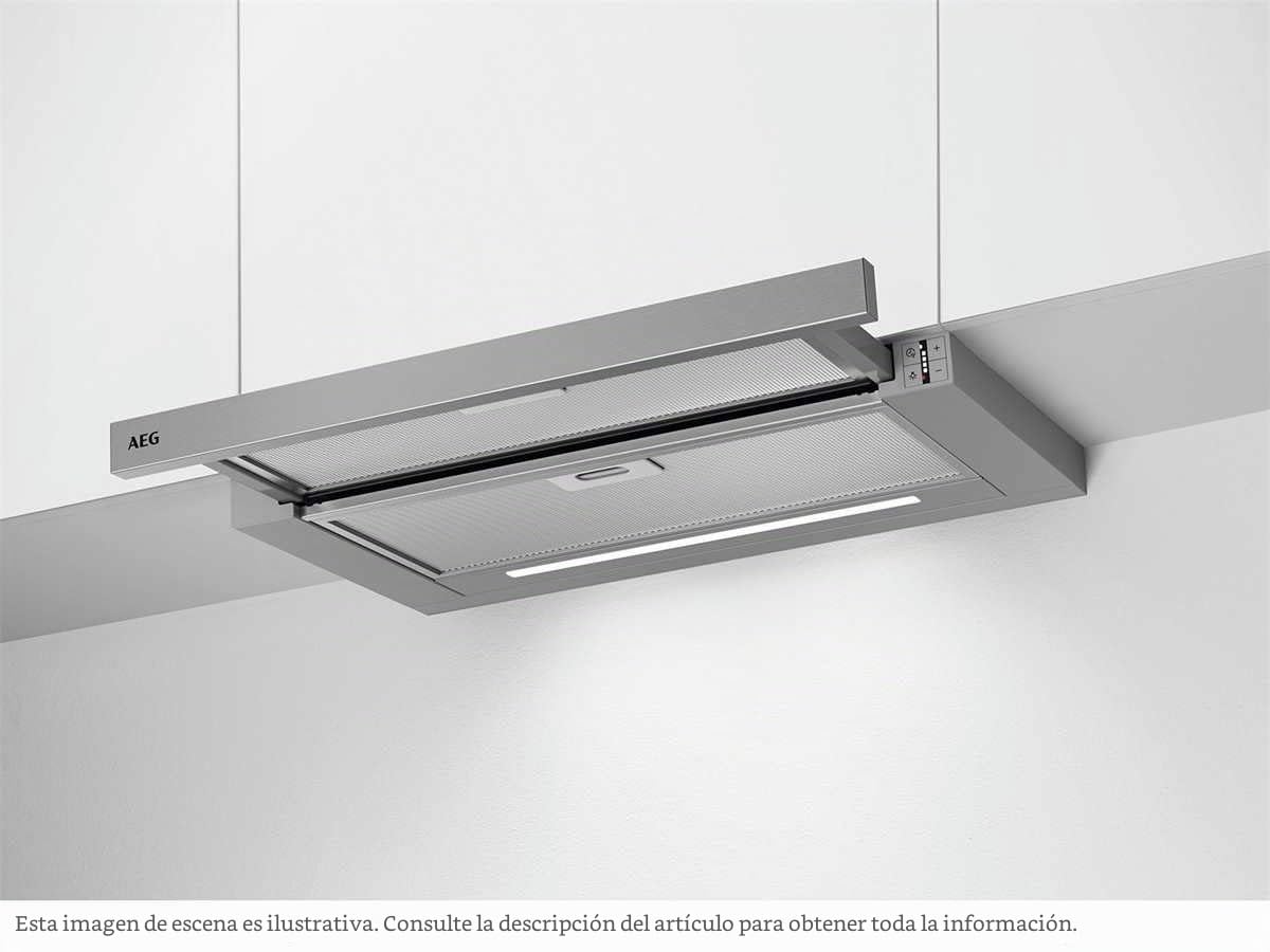 AEG DPE5660M Campana extractora extraíble, 60 cm, 3 velocidades + intensivo, Potencia hasta de 660 m3/h, Nivel de ruido de 60 dB(A), Panel incluido, Luces LED, Inox, Clase A