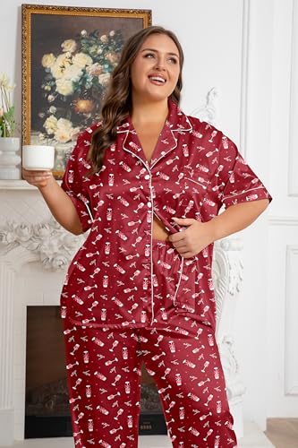 Image of Vozanet Women's Button Down Satin Pajama Sets Silky Short Sleeve Top & Pants Plus Size Loungewear Classic Sleepwear XL to 5XL