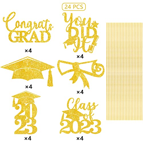 Graduation Centerpiece Sticks 24Pcs Glitter Grad Picks Party Table Decor Senior High School College Sign Gold #TOP4