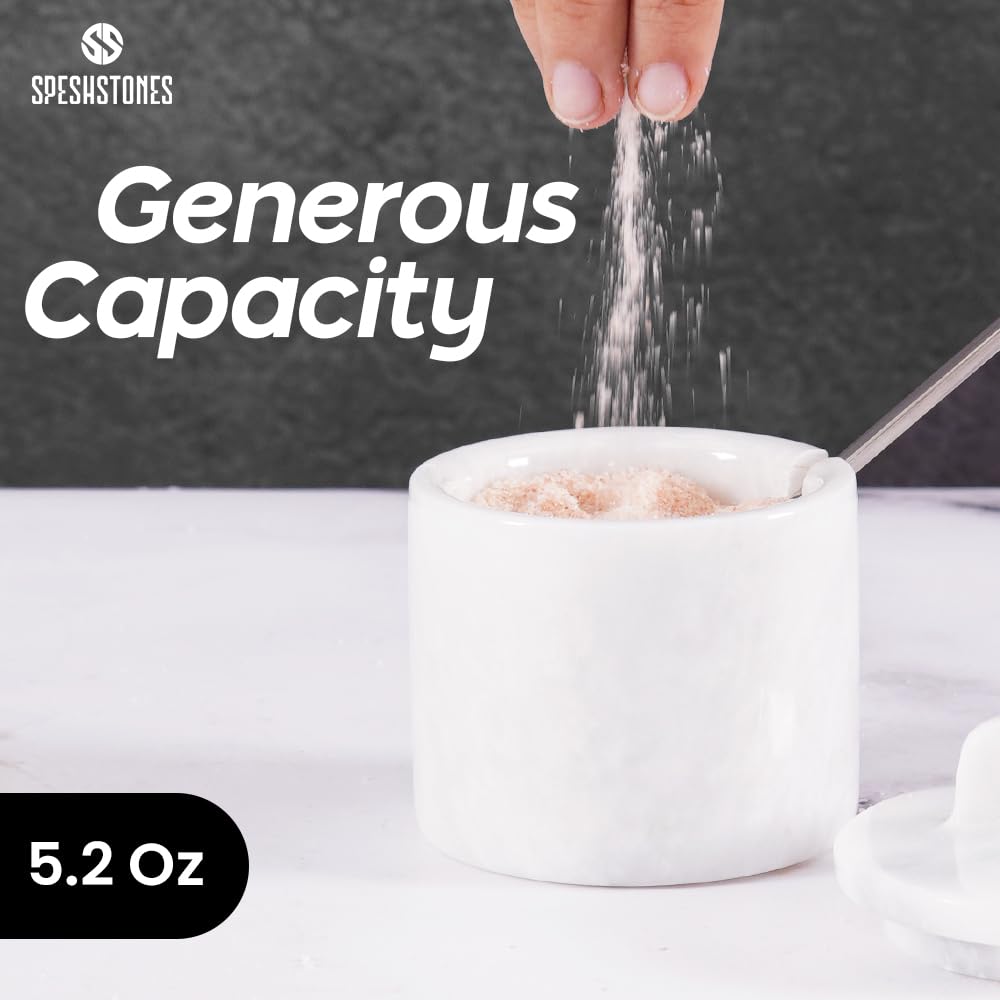 SPESHSTONES Juego de 2 botes de sal de mármol blanco de 10,16 cm con tapa, para sal de mesa, portal, botes de especias, azucarero, recipientes para condimentos, dispensador