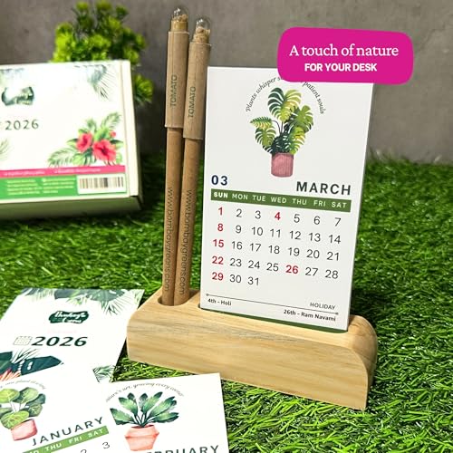Image of 2026 Eco-Friendly Desk Calendar with Wooden Stand & Plantable Seed Pens - Sustainable 2026 Calendar Planner for Home & Office - Zero Waste New Year Gift & Grow Your Own Plant Kit by Bombay Greens
