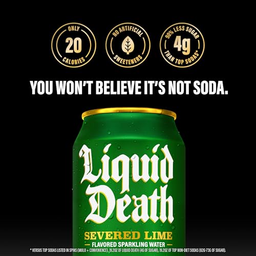 Image of Liquid Death Soda-Flavored Sparkling Water - Severed Lime (Classic Lime Soda), Less Sugar*, Huge Flavor, No Artificial Sweeteners, King Size 19.2 Fl Oz (Pack of 12)