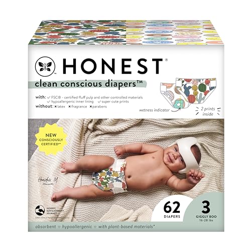 Image of The Honest Company Clean Conscious Diapers | Plant-Based, Sustainable | Cactus Cuties + Donuts | Club Box, Size 3 (16-28 lbs), 62 Count
