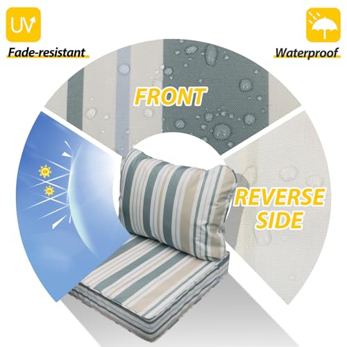 Image of AAAAAcessories Outdoor Seat Cushions for Chairs, Fade-Resistant, Waterproof Patio Furniture Replacement Cushions, 25.5 inch x 25.5 inch x 5 inch + 25.5 inch x 19 inch, Set of 2, Slate Gray Blue Coastal Stripe