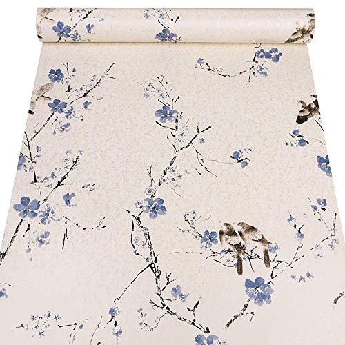 Taogift Peel and Stick Vintage Floral Birds Contact Paper Wallpaper Self Adhesive Shelf Drawer Liner Dresser Decor Sticker (Blue, 17.7x117 Inches)