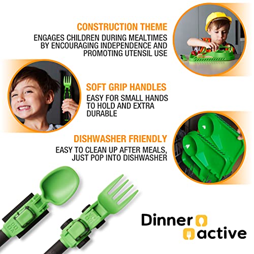 Dinneractive Utensil Set For Kids – Construction Themed Toddler Forks And Spoons, Toddler Utensils – 2-Piece Set – Green Construction Utensils For Toddlers - Loader & Tractor Toddler Spoons And Forks #TOP2