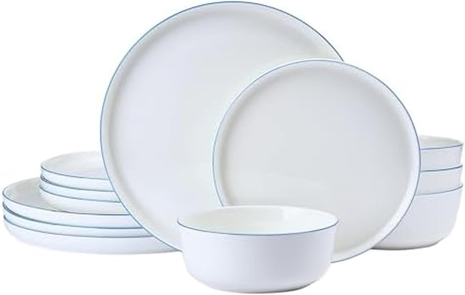 Mikasa Samantha 12 Piece Bone China Dinnerware Set, Service for 4, Flat Plates and Bowl with Blue Rim, Chip-Resistant, Lightweight, Elegant and Durable, White