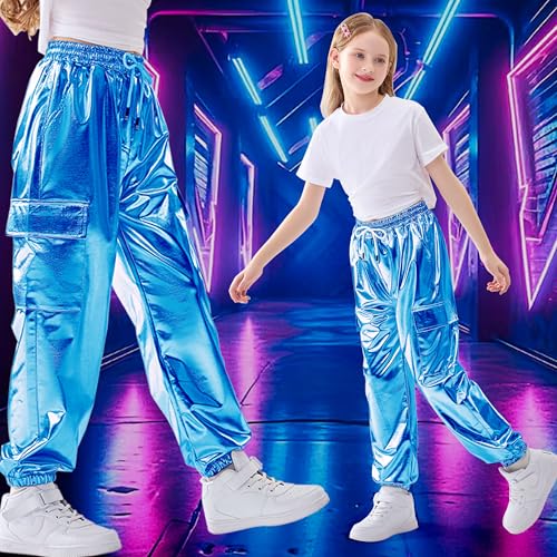 Image of Rolanko Girls Shiny Metallic Cargo Pants, Sparkle Jogger Pants for Girls Hip Hop Dance Streetwear Cargo Trousers 6-15 Years