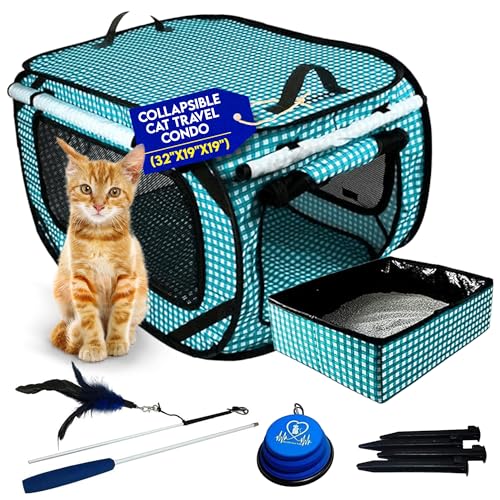 Image of Pet Fit For Life Extra Large Cat Carrier for Travel - Foldable & Portable Collapsible Kennel with Litter Box, Feather Toy & Water /Food Bowl - Ideal for Cars, Long Trips & Indoor Cats - Teal Checkers