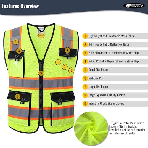 Image of JKSafety Hi Vis Reflective Safety Vests for Men Women High Visibility Vest with Pockets Mesh Fabric Construction Safety Apparel Neon Vest for Work (220-Yellow 5XL)