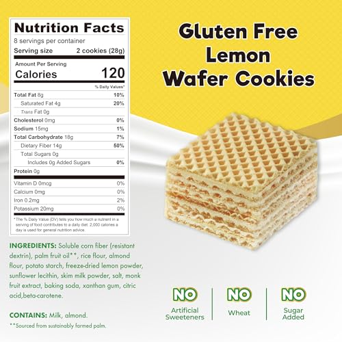 Image of ChocZero Sugar Free Lemon Wafer Cookies, No Sugar Alcohols, Keto, Gluten Free, High Fiber, 16 Count, 8 oz Box