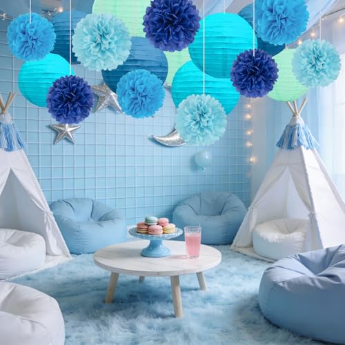 Image of 18 PCS Blue Paper Lanterns & Tissue Paper Pom Poms for Boys Birthday, Baby Shower, Wedding, Bridal Shower, Hanging Paper Decor for Indoor Outdoor Events Theme Party Supplies