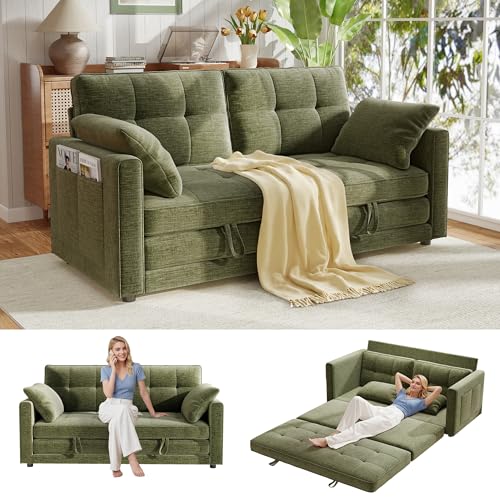 WorthFurni 65" Loveseat Sleeper Sofa Bed, Corduroy Convertible Sofa Bed for Small Spaces, Folding Couch Bed with Deep Seat - Green