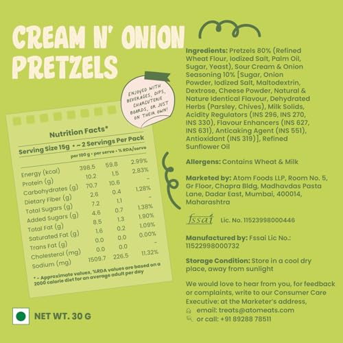 Image of Atom Eats Sour Cream & Onion Pretzels 30g | Bold & Creamy Mini Pretzel Knots with Real Onion, Chives & Parsley | 100% Baked | Crunchy Savory Snack for Me-Time, Office, Travel & Parties | Preservative-Free