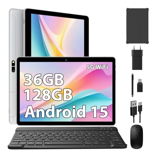 FASTWD Android 15 Tablette 10 Pouces tablettes tactiles 5G WiFi,36Go RAM +128 Go ROM,8000 mAh,Smart IPS,Bluetooth5.0,Tablette avec Clavier avec/Souris/Stylo,Gris