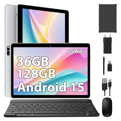 FASTWD Tablet Android 15,36GB+128GB/1TB Tablet 10 Pollici,8000mAh,1280 * 800 IPS,Widevine L1,Face ID/5G WiFi/BT5.0/OTG,Tablets in offerta con Tastiera,Mouse,Grigio