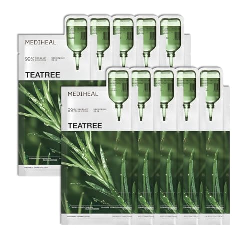Mediheal Teatree Essential Sheet Mask Calming Moisture 10 pcs. 99% Pure Teatree & Teatree 7X for intensive soothing and hydration. Suitable for acne-prone skin. Vegan formula.