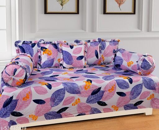 LCF | Deisgner Frill Decorative Printed Diwan Set (1 Diwan Flat Sheet, 2 Designer Frill Decorative Bolster Covers, 5 Designer Frill Decorative Cushion Covers) (White patta)-image-2