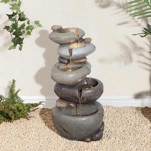 Image of Glitzhome Water Fountain Outdoor, 5-Tiered Stacked Pebbles Outdoor Fountain with LED Lights and Pump, 24.5 inch H Zen Style Polyresin Waterfall Fountain Water Feature for Garden, Yard, Patio, Porch Decor