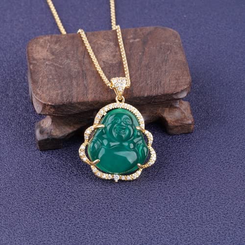 Image of ASGIFT Laughing Buddha Necklace Cubic Zirconia Green Jade Buddha Pendant with 18K Gold Plated Chain Lucky Buddha Necklace Jewelry Gift