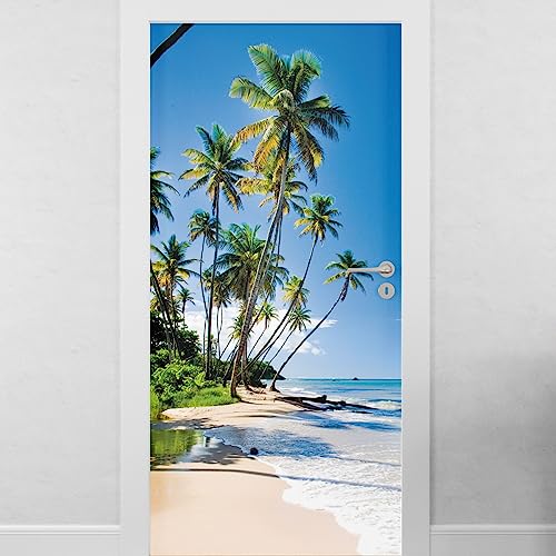 Sticker Mural Porte Voyage Ile Paradisiaque - Trompe L'Oeil Palmier - Autocollant Décoration - Poster de Porte - Stickers Muraux (63x205 cm)