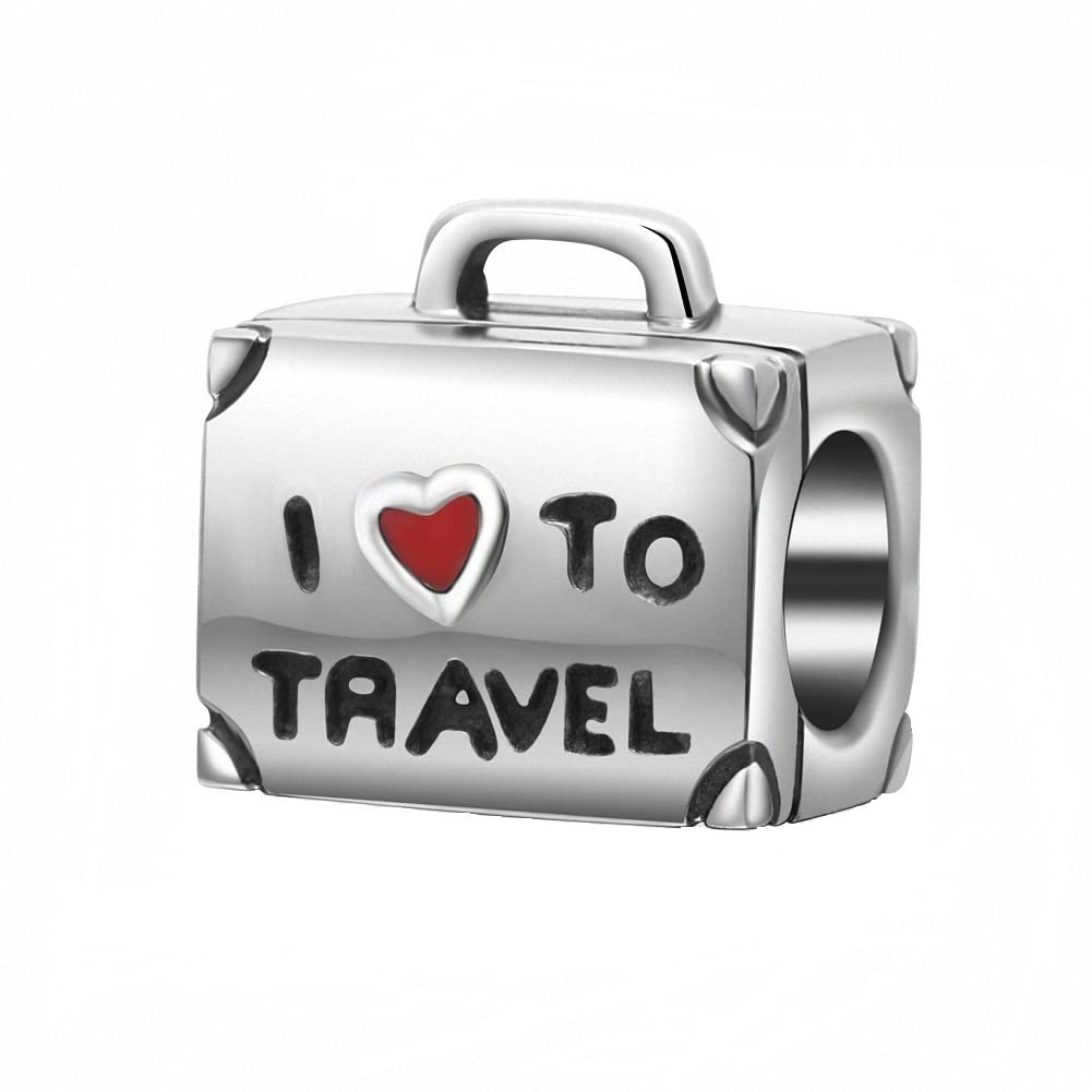 SOUKISS925 Sterling Silver Airplane Passport Charm Suitcase Cameral Hot Air Balloon Love Travel World Trip Charms for Panodra Bracelet, Sterling Silver, crystal