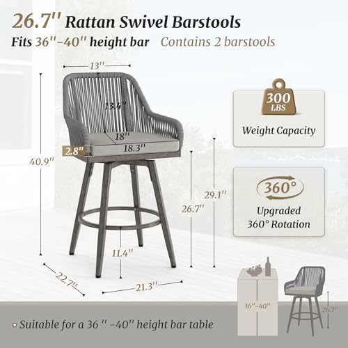 Image of Cozyman Outdoor Bar Stools Set of 2, 360 Swivel Aluminum Rattan Bar Stool with Olefin Rope Curved Backrest and Armrest, Modern BarStools with Removable Cushion for Patio, Garden, Kitchen, Grey