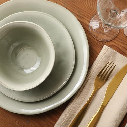 Image of Gibson Elite Port Barton Plates and Bowls Sets, 12-Piece Stoneware Dinnerware Sets, Reactive Glaze Dish Set - Green
