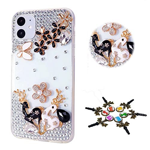 STENES Sparkle Phone Case Compatible with Samsung Galaxy S23 Plus Case - Stylish - 3D Handmade Bling Couple Deer Butterfly Flowers Rhinestone Crystal Diamond Design Cover Case - White&Black