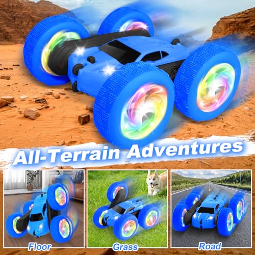 Image of Remote Control Car, Outdoor Toys RC Cars for Kids Ages 6-12, 4WD Double Sided Stunt Vehicle with Upgraded USB-C Modular Batteries, 5 6 7 8 9 10+ Year Old Boy Birthday Blue