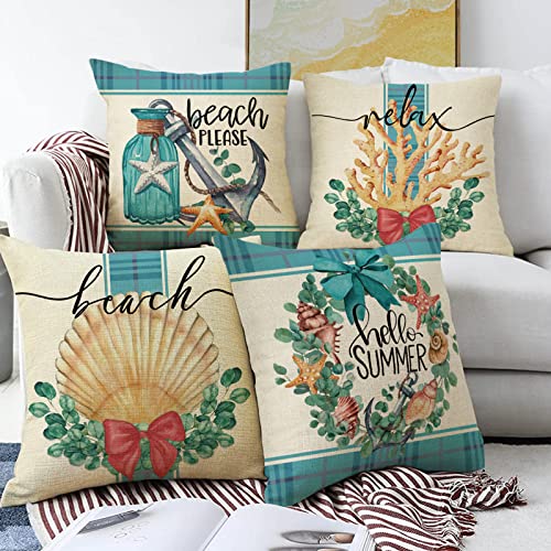 Ussap Hello Summer Beach Shell Coral Coastal Decorative Throw Pillow Covers 18 x 18 Set of 4, Anchor Starfish Conch Wreath Nautical Cushion Case Decor, Sea Ocean Plaid Farmhouse Sofa Couch Decoration - Image 3