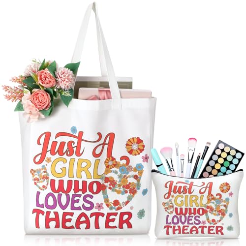 Image of 2 Pcs Theater Gifts, Makeup Bag Tote Set for Musical Drama Lovers | Retro Floral Comedy Mask Design, Cosmetic Pouch, for Woman Performers Drama Teacher Retirement Gifts