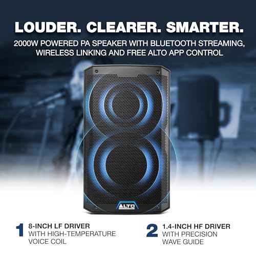 Image of Alto Professional TS408-2000W 8 inch Powered PA Speaker with 3 Channel Mixer, Bluetooth Streaming, Wireless Loudspeaker Linking, DSP and Alto App