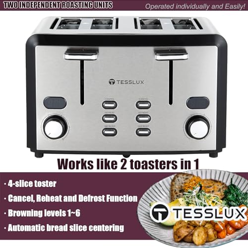 4-Slice-Toaster-Wide-Slot-Bread-Toaster-with-6-Shade-Settings-Stainless-Steel-Toaster-with-LCD-Display-Removable-Crumb-Tray-CancelDefrostReheat-Function-1400W 4 Slice Toaster Wide Slot Bread Toaster with 6 Shade Settings Stainless Steel Toaster with LCD Display Removable Crumb Tray CancelDefrostReheat Function 1400W