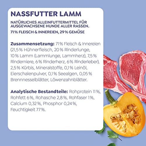 WOW Hundefutter nass Adult mit Lamm, 6X 800g I reichhaltiges Nassfutter für ausgewachsene Hunde Aller Rassen I Beste Qualität mit viel Fleisch, Kürbis & Brennnessel I hohe Akzeptanz & Verträglichkeit