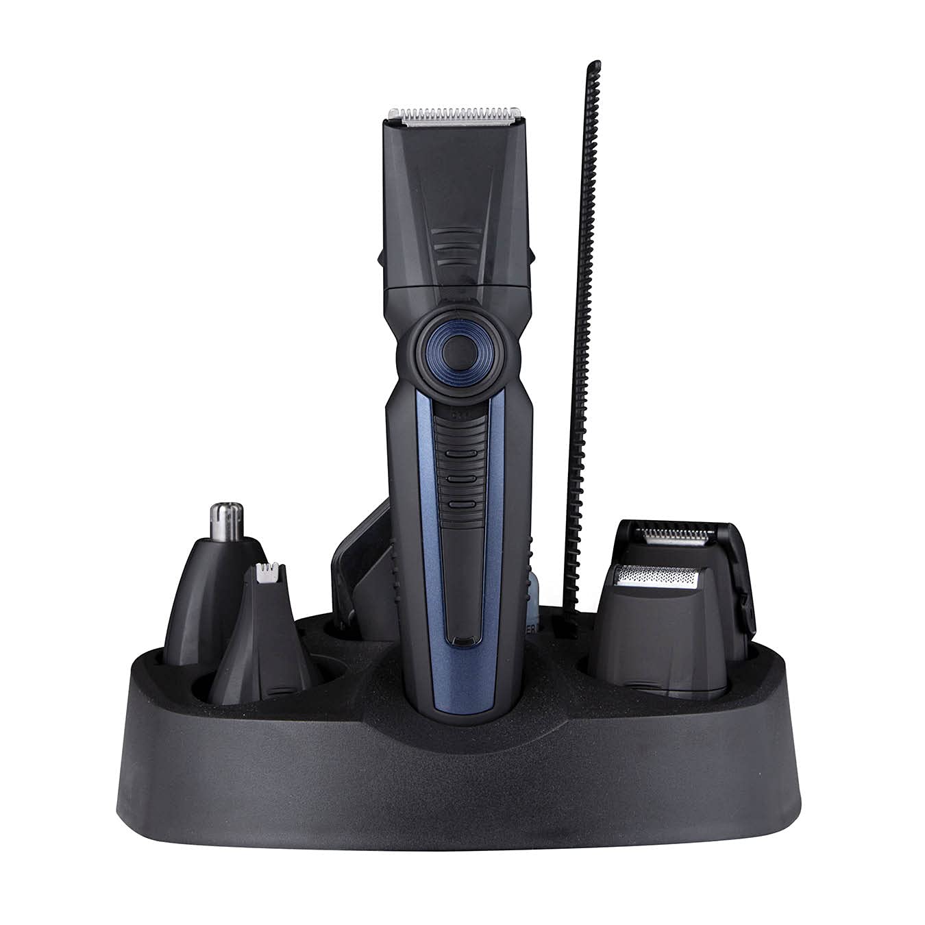 Carmen C81077 Signature 6-in-1 Men’s Grooming Kit with Interchangeable Head Attachments and 30 Minutes Cordless Shaving, Black and Blue