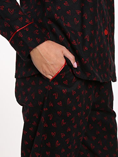 Noble Mount Cotton Flannel Pajamas Women, 2Pc Pajama Set for Women - Hearts Black-Red - M
